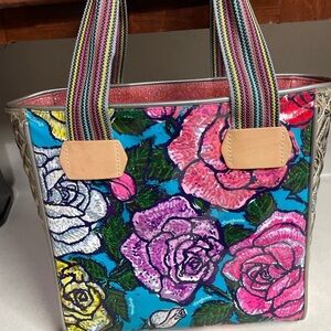Colorful Floral Tote Bag with Striped Straps